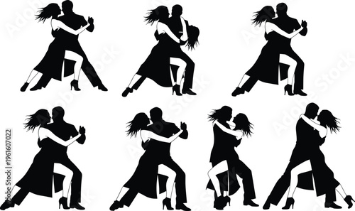 Silhouette of couples dancing in various tango positions Vector
