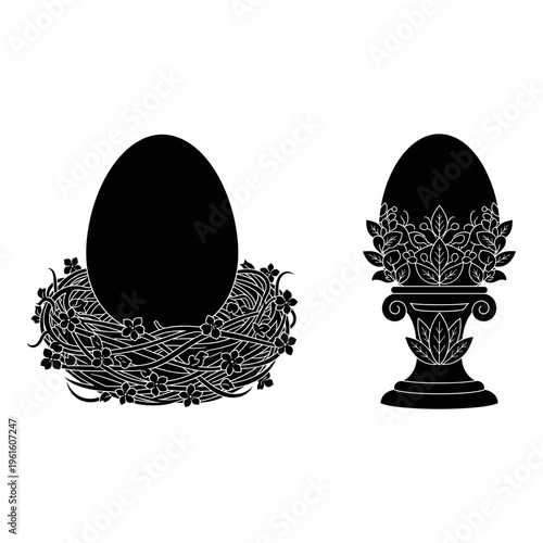 Easter eggs, decorative egg silhouettes, black vector illustrations, nest and pedestal