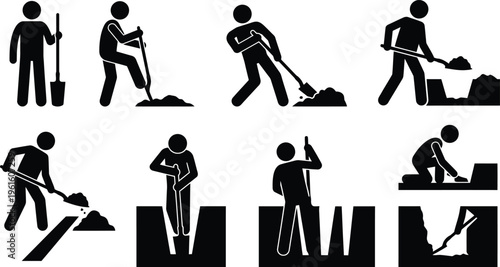 Construction worker stick figure icons, manual labor digging with shovel and spade, set of 8 black vector silhouettes for industrial safety