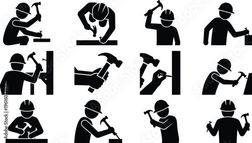 Illustrations vectorielles d'ouvriers du bâtiment utilisant des marteaux et des clous pour divers travaux de construction et de menuiserie.