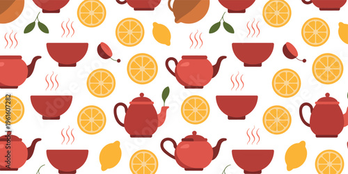 This charming pattern features red teapots, steaming tea bowls, whole lemons, and orange slices arranged on a white background.