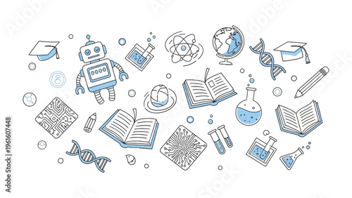 Science and Innovation Elements: An artistic illustration features a collection of science elements and icons, with focus on innovation and knowledge.