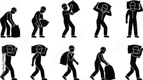 Série d'illustrations montrant des ouvriers en casque de sécurité soulevant et transportant des sacs lourds, représentant le travail manuel et la manutention.