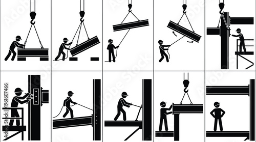 Processus de levage et d'installation d'une poutre métallique sur une colonne, étape par étape.