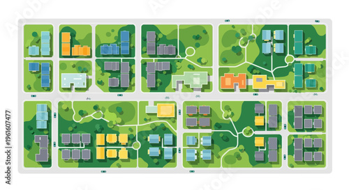 Modern City Plan Aerial View with Residential Neighborhood, Sustainable Green Spaces, and Urban Infrastructure Vector Illustration