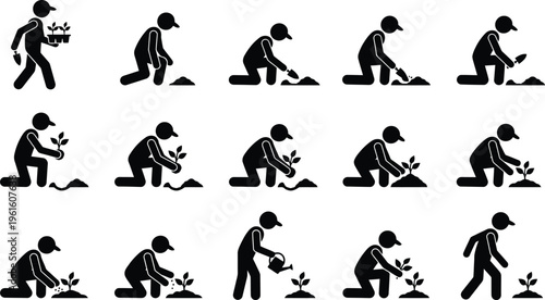 Étapes détaillées de la plantation d'un jeune arbre ou d'une plante par une personne, de la préparation du sol à l'arrosage.