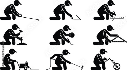 Illustrations de pictogrammes d'ouvriers du bâtiment utilisant divers outils pour la construction et la mesure.