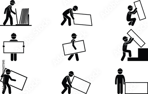 Illustrations de travailleurs du bâtiment portant et manipulant des panneaux de construction, avec des casques de sécurité.