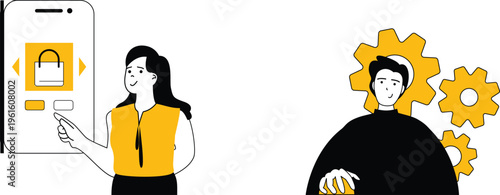 A woman shows mobile app security features to a gear-headed figure representing technical development and support