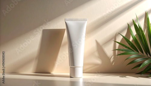 A sleek, white tube stands centered against a neutral backdrop, illuminated by gentle shadows and a touch of greenery