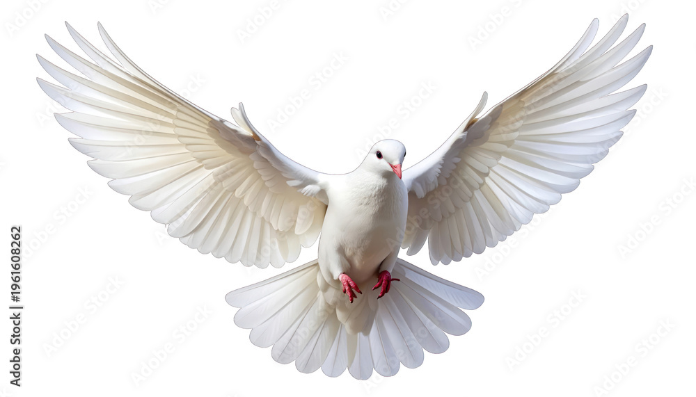 Fototapeta premium A symbolic white dove soaring through the air with its wings spread wide, representing peace and hope