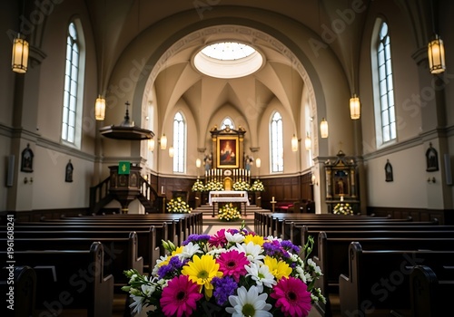 Interior of a catholic church with altar and pews