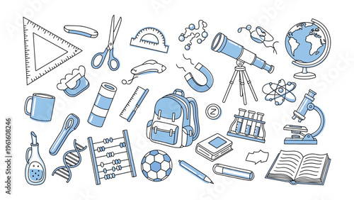Science and Education Essentials: A collection of educational and scientific tools. A captivating display of essential items from schooling days, evoking a sense of discovery and learning.