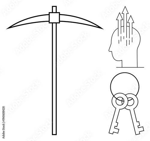 Mining concept. Minimalist graphic showing pickaxe, human mind with growth arrows, and two overlapping keys. Mining innovation, mental growth, and security connection. Ideal for technology, goals