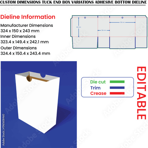 Custom tuck end box dieline with dimensions and editable text packaging template