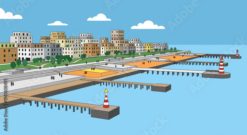 Flat Vector Illustration of a Coastal City Waterfront with Piers, Lighthouses, and a Beach Promenade