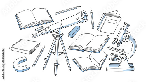 Celestial Instruments: A line art illustration of astronomical instruments including a telescope, books, microscope, pencil, magnet, and eraser on a flat surface.