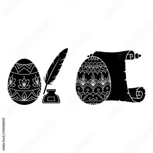 Easter eggs, quill pen, inkwell, scroll, black icons, white background, 4 elements, vector graphics
