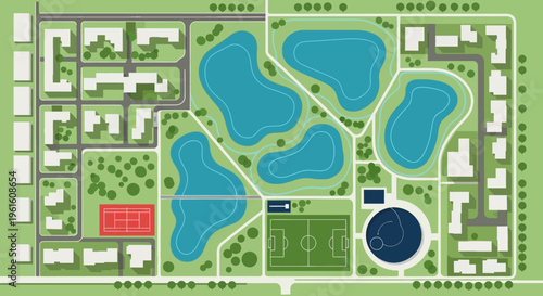 Top View Aerial Vector Illustration of a Modern Urban Master Plan with Residential Buildings, Eco-Friendly Parks, Lakes, and Sports Facilities