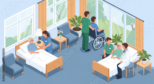 Isometric View of Nursing Home Room with Patients and Staff.