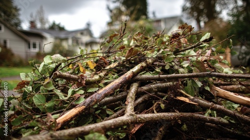High quality photo of pile of yard cleanup clippings Branches and limbs.