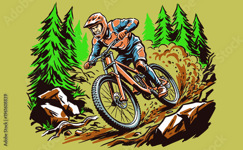 Mountain bike adrenaline. Downhill forest ride. Extreme trail biking artwork. Off-road cycling adventure print design. Go ride.