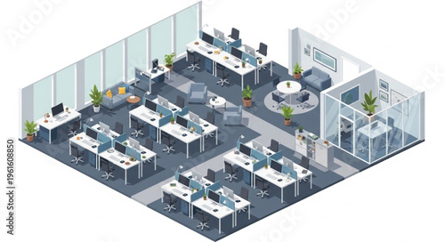 Isometric Office Space Design with Desks and Meeting Area.