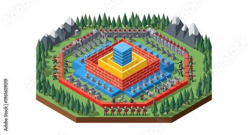 Isometric View of a Multi-Tiered Structure with Walls and Forest Surroundings.