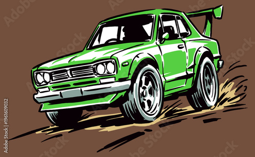 Turbo drift mastery. Retro street racing graphic print. Tuner culture vector artwork for apparel, stickers, and poster design. Velocity racing.
