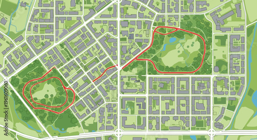 Top Down View of Urban City Map with Highlighted Red Route and Green Parks