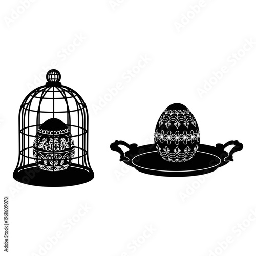 Easter eggs, decorative eggs, birdcage, serving dish, black icons