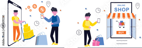 Illustrated scene showing people shopping online using mobile devices and enjoying various e-commerce benefits together