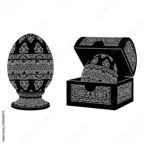 Black and white Fabergé egg, ornate egg and box, decorative egg in box