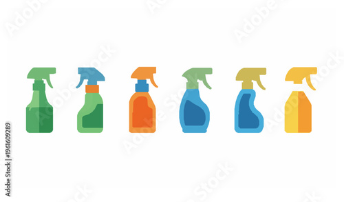 Spray bottle vector icon set with colorful cleaning containers and trigger nozzle variations isolated on white background EPS10