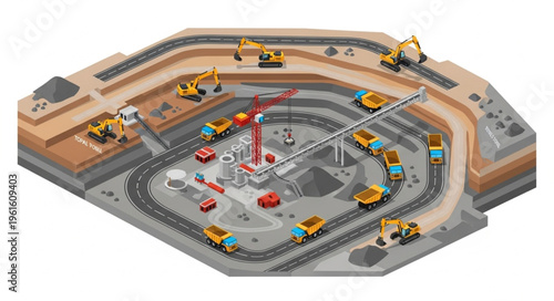 Isometric Mining Operation with Trucks and Central Tower.