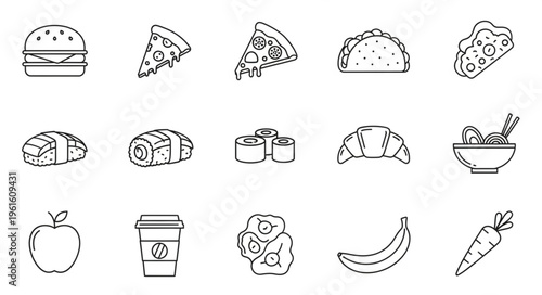 Diverse Food Icons - Burger, Pizza, Sushi, Croissant, Apple, and More.