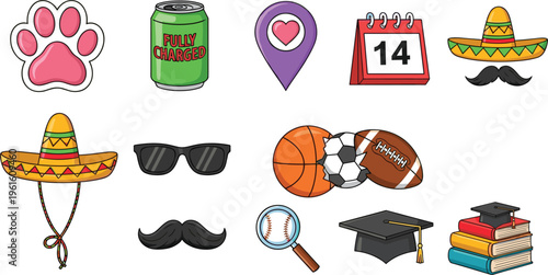 Mixed Icon Set with Sports Education Travel Pet and Mexican Elements for Creative Design Collection Versatile Symbols and Everyday Objects Illustration