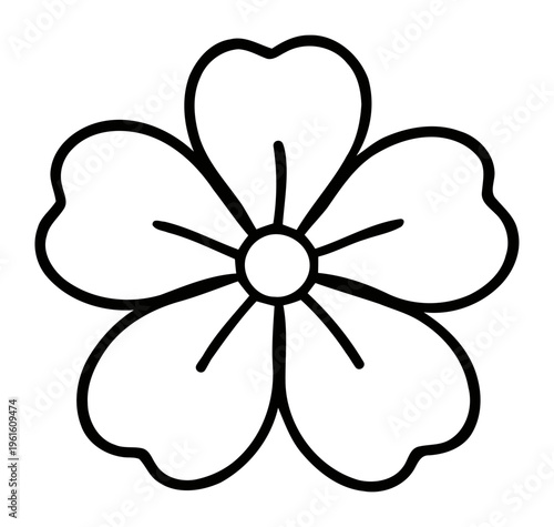 Simple black and white outline drawing of a five-petal flower with a central circle and radiating lines, perfect for coloring or minimalist design.