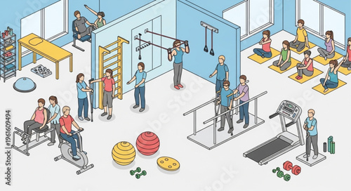 Isometric Physical Therapy Clinic with Patients and Equipment.