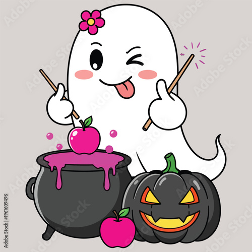Cute Halloween Ghost Vector Illustration - Spooky Kawaii Ghost Character with Magic Wand, Pink Witch Cauldron, Poison Apples, and Jack O' Lantern Pumpkin - Festive Autumn Party Graphic Design