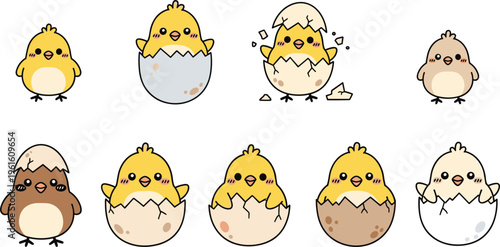 Cute Chick Hatching Icon Set Featuring Baby Chickens, Eggs, and Adorable Expressions for Easter, Spring, and Kids Design Projects