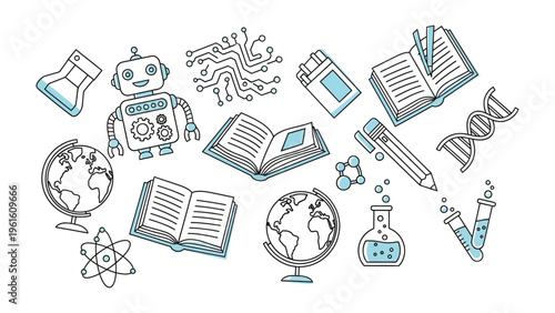 Science Education Symbols: A collection of meticulously drawn science-themed icons including robotics, world globe, books, DNA strands and beakers symbolizing educational journey.