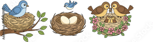 Cute Bird Nest Icon Set Featuring Eggs, Love Birds, and Nature Elements for Spring, Family, and Wildlife Design Project