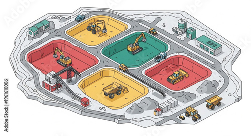 Colorful Construction Site Playset with Toy Trucks and Excavators.