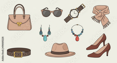 Fashion Accessories Collection - Stylish Handbag, Sunglasses, Watch, and More.