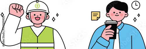 A cheerful construction worker raises fist while office worker checks phone and clock nearby