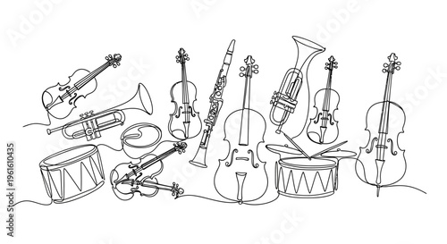 Orchestral Instruments Line Art Drawing: Violin, Cello, Trumpet, Drum
