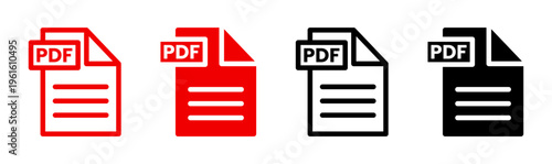 Set of PDF document icons in red and black, outline and solid styles. Vector graphics with transparent background used for file format representation.