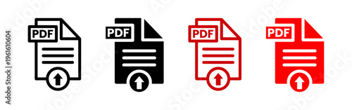 Set of PDF file upload icons, outline and solid, black and red, with transparent background used for document transfer and data management.