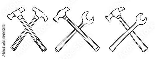Hammer and wrench crossed set with simple line art design featuring sketches, drawings, vector graphics with minimalist and simple illustrations